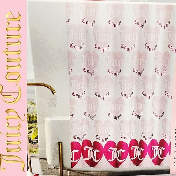 Juicy Couture Home Signature Logo Heart Pattern Shower Curtain w/Hooks - Picture 1 of 5